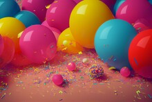 Colorful Carnival Or Party Background With Donuts, Balloons, Streamers And Confetti And Funny Face. Generative AI