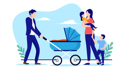 family outdoors - parents with kids and baby stroller taking a walk outdoors. flat design vector ill