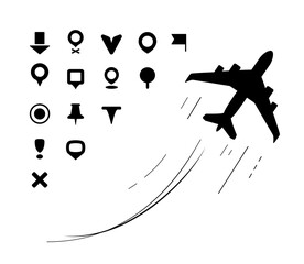 Wall Mural - Plane and pin map pointer icons collection for travel design elements