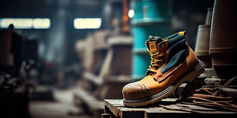 Close-up safety working shoe. Shoe is standing at the factory, ready for working in danger workplace concept. Industrial working scene and safety shoe. Generative AI