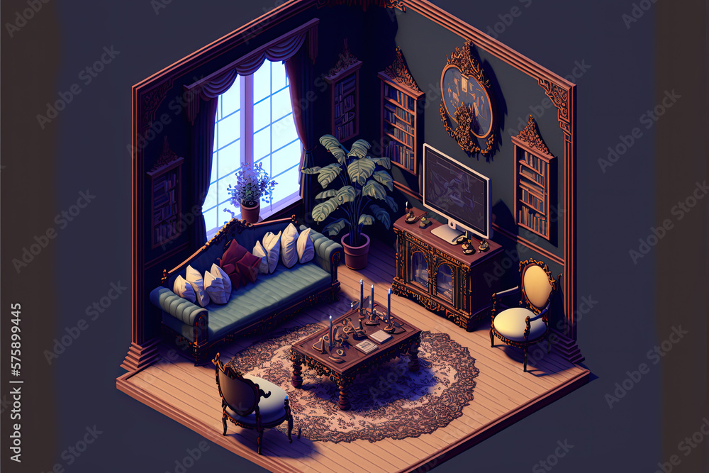Isometric living room interior. The cozy interior in old English ...