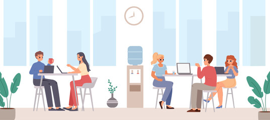 Wall Mural - Managers work in office. Corporate working process, brainstorm and discuss. Open air area, coworking zone. Creative business people with laptops, vector scene