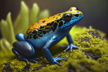 Close up of a dart frog (Dendrobates tinctorius azureus) on moss, generative AI