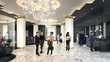 3d interior rendering of a luxury hotel lobby and reception with people standing and walking