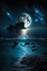 night view of a large full moon against the background of the milky way and beach with ocean waves. 