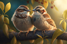 Beautiful Two Sparrows Bird. Generative AI