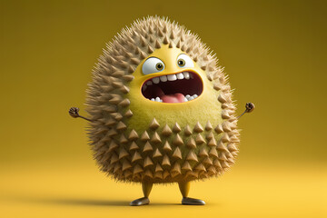 3D render cute and happy durian cartoon character. Generative AI