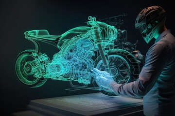 An engineer designing a motorcycle using augmented reality and viewing the motorbike as a projection or hologram in high-tech laboratory. Concept: The future of designing . Generative ai.