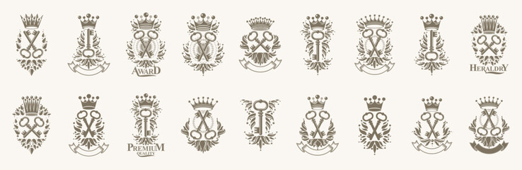 Wall Mural - Keys logos big vector set, vintage heraldic turnkeys emblems collection, classic style heraldry design elements, ancient designs. secret.