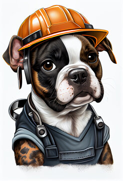 Portrait of a dog in a construction helmet. AI generated