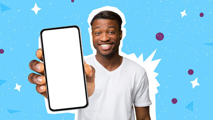 Wall Mural - Smiling Young Black Guy Showing Smartphone With White Blank Screen