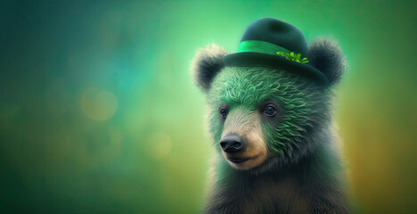 cute bear wearing a green hat celebrating st patrick's day on a blurred background. generative ai