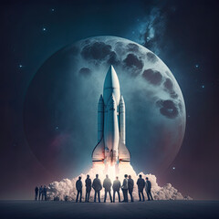 Wall Mural - A group of people standing in front of a rocket created using generative ai
