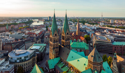 Bremen, Germany. Aerial View on Historical Center of Bremen, Marktplatz at Sunrise.