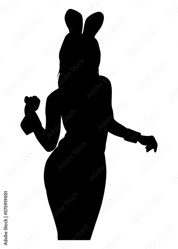 Mujer desnuda de pie con orejas de conejo. Silueta aislada de chica