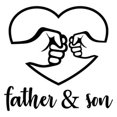 Poster - Logo del día del padre. Letras frase father and son en texto manuscrito con silueta de golpe de puño en corazón con líneas