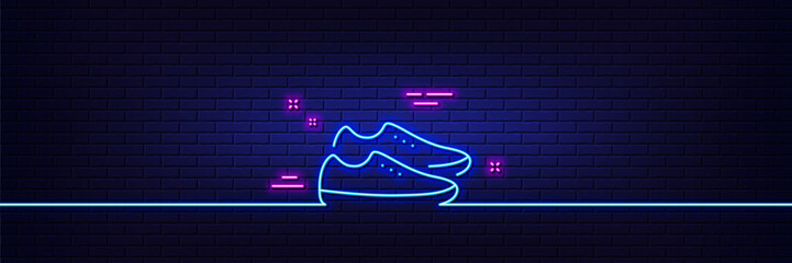 Canvas Print - Neon light glow effect. Shoes line icon. Sport footwear sign. Fashion sneakers symbol. 3d line neon glow icon. Brick wall banner. Shoes outline. Vector