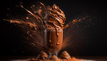 Milk Chocolate Shake On A Dark Background. A Large Amount Of Dark Chocolate Poured Over Frothed Cream. An Explosion Of Flavors And A Splash Of Dessert. Advertising Banner Illustration. Generative AI.
