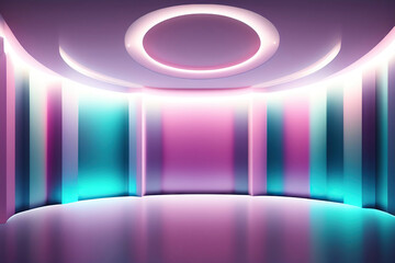 Poster - Beautiful colorful podium with colored neon lights in turquoise and pink. Empty interior for presentation. AI generated.