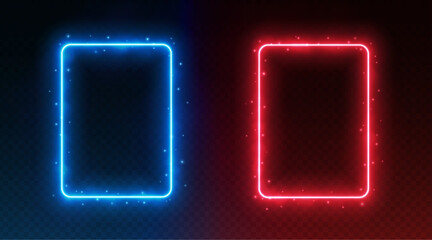 Neon rectangle frames, glowing borders with smoke and sparkles, versus fight competition, sports confrontation concept. Social media design element. Vector illustration.