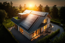 Photovoltaic Solar Panels In Modern House Roof. Sustainable Energy Concept. Generative Ai