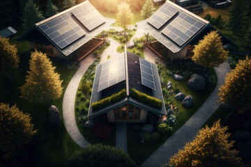 Wall Mural - aerial view of residential houses with photovoltaic solar panels. Alternative and Renewable energy concept. generative ai