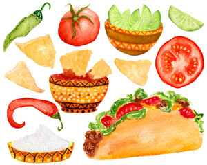 Watercolor mexican food collection, taco, nachos, lime, salt, tomato isolated for various products on white background.