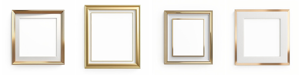 Set of four Gold frame for photo, pictures. Yellow metal mockup, inner white border. Top view. Flatlay. Isolated card design element, scrapbooking. AI generated. Transparent background, PNG.