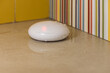 Smart home concept. After accident with plumbing pipe water leaking on floor and wireless flood sensor alarm went off. 
