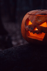 Wall Mural - Pumpkin with a carved face in the forest.