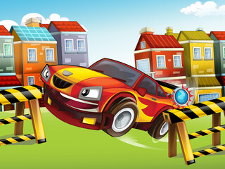 Wall Mural - cartoon scene with car racing in the city illustration for children