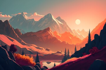 Poster - mountain sunset landscape created using AI Generative Technology