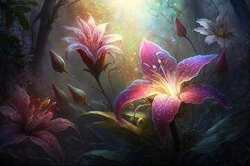 Wall Mural - fantasy field with flowers close up