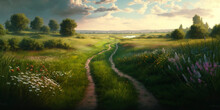 Panorama Of The Path Of The Road In A Green Spring Field With Grass And Flowers In The Rays Of Sunlight With A Clear Blue Sky With Clouds, A Natural Road Into The Horizon. Generative AI