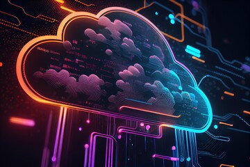 Wall Mural - Cloud computing technology concept. Cyber security. Smart city and digital cloud data center. Futuristic big data processing cloud. Cloud technology management big data. Generative AI