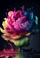 Wall Mural - beautiful photo peony splashed in bright paint, contemporary background. generative ai technology.