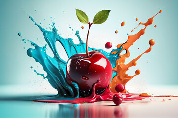 Aufkleber - Beautiful photo cherry splashed in bright paint, contemporary  background. Generative AI technology.