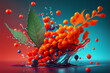 Beautiful photo rowanberry splashed in bright paint, contemporary  background. Generative AI technology.