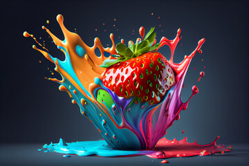 Aufkleber - Beautiful photo strawberry splashed in bright paint, contemporary  background. Generative AI technology.