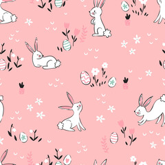 Wall Mural - Cute hand drawn Easter seamless pattern with bunnies, flowers, easter eggs, beautiful background, great for Easter Cards, banner, textiles, wallpapers - vector design