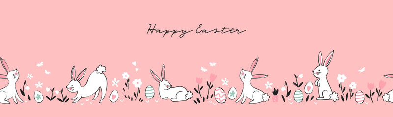 Wall Mural - Cute hand drawn Easter seamless pattern with bunnies, flowers, easter eggs, beautiful background, great for Easter Cards, banner, textiles, wallpapers - vector design