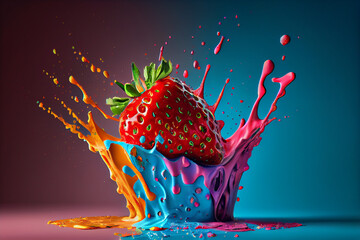 Aufkleber - Beautiful photo strawberry splashed in bright paint, contemporary  background. Generative AI technology.