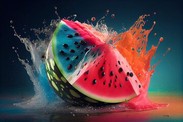 Poster - Beautiful photo watermelon splashed in bright paint, contemporary  background. Generative AI technology.