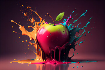 Poster - Beautiful photo apple splashed in bright paint, contemporary  background. Generative AI technology.