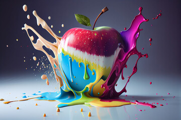Poster - Beautiful photo apple splashed in bright paint, contemporary  background. Generative AI technology.