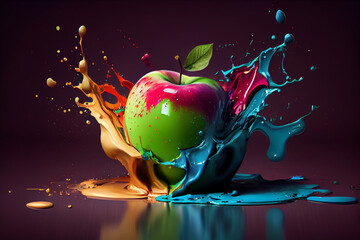 Poster - Beautiful photo apple splashed in bright paint, contemporary  background. Generative AI technology.