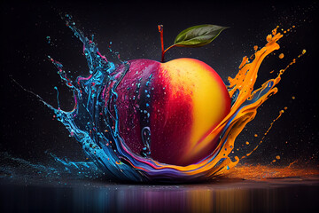 Poster - Beautiful photo apple splashed in bright paint, contemporary  background. Generative AI technology.
