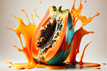 Poster - Beautiful photo papaya splashed in bright paint, contemporary  background. Generative AI technology.