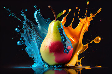 Aufkleber - Beautiful photo pear splashed in bright paint, contemporary  background. Generative AI technology.