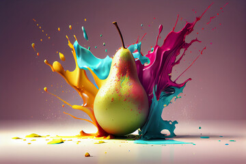 Aufkleber - Beautiful photo pear splashed in bright paint, contemporary  background. Generative AI technology.